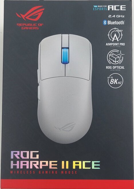 Boîte de la souris gaming sans fil ROG Harpe II Ace avec capteur AimPoint Pro et switches optiques.