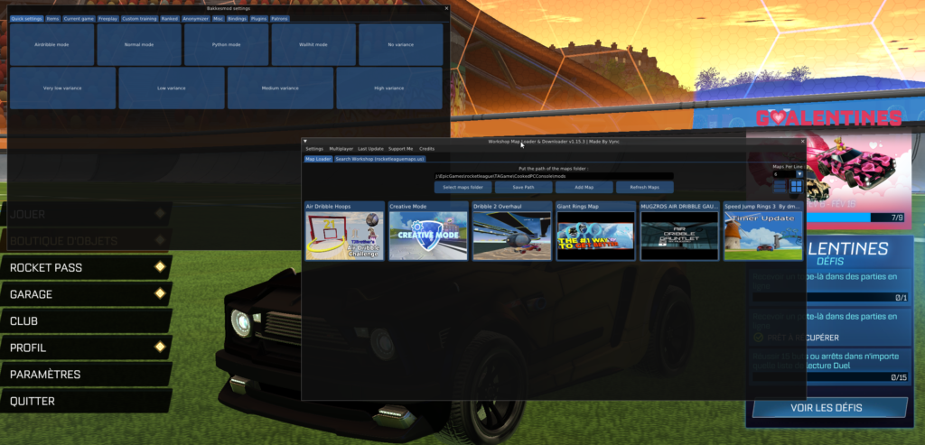 L'overlay BakkesMod en jeu, permettant l'accès a de nombreux paramètres, dont les maps du "workshop". Capture d'écran.