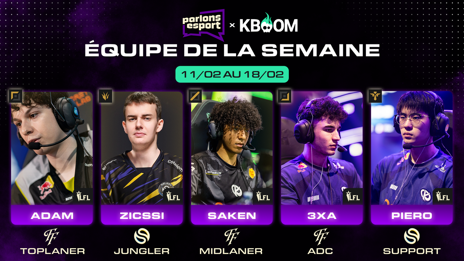 Voici l’équipe de la semaine by Kboom composée de Adam, Zicsy, Saken, 3XA et Piero.