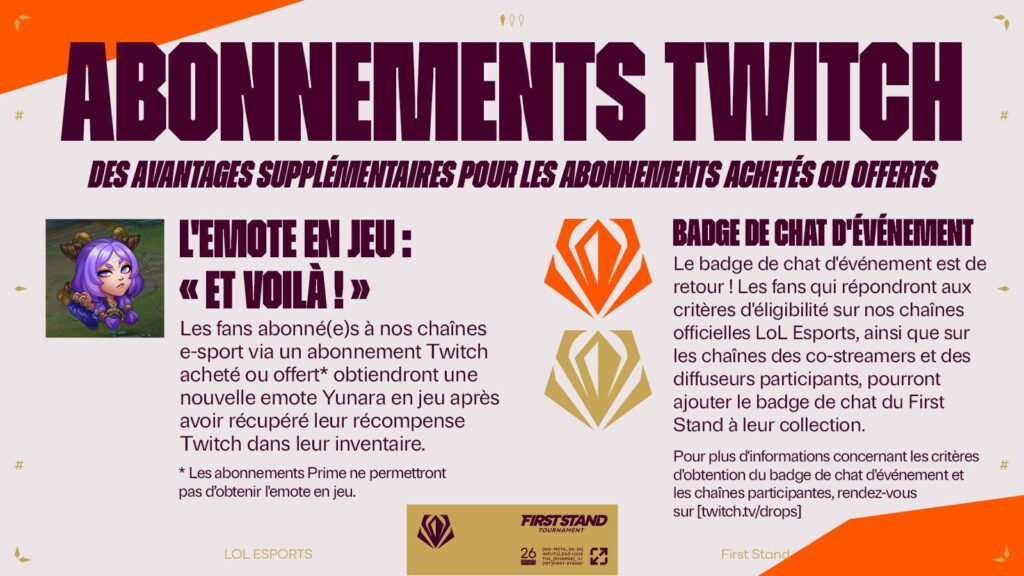 Les avantages des abonnés Twitch pendant le First Stand 2026.