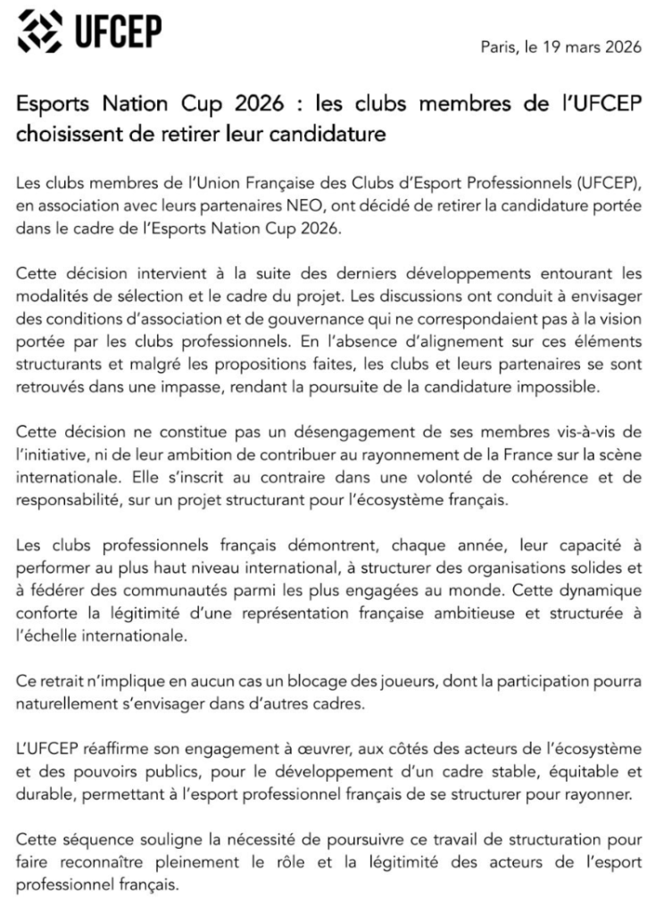 Communiqué de l'UFCEP annonçant le retrait de leur candidature pour l'Esports Nation Cups. Sources : Capture d'écran sur le LinkedIn de l'UFCEP. 