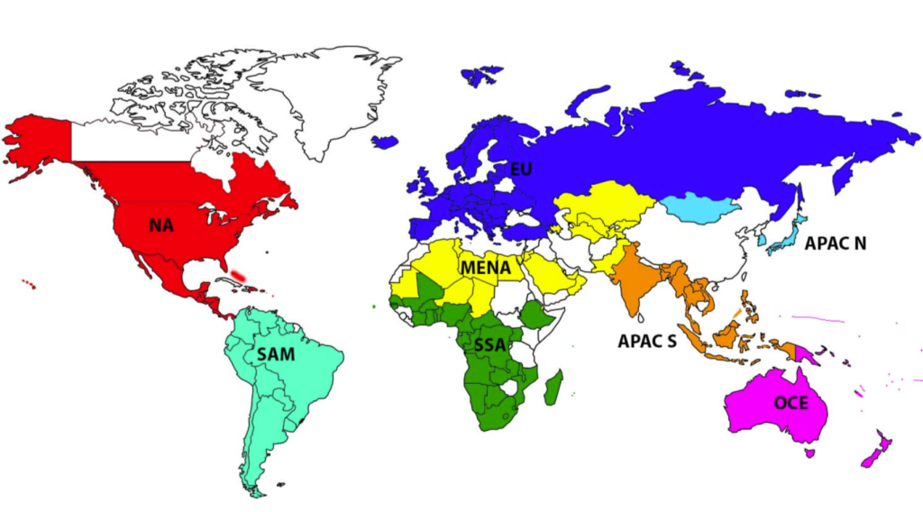 Carte représentant les différentes régions sur Rocket League. 