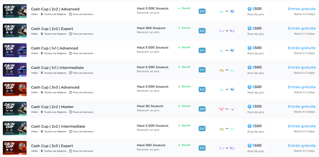Toutes les Cash Cups qui arrivent sur Rocket League à partir du 13 mars. Capture d'écran réalisée sur le site de Repeat.gg
