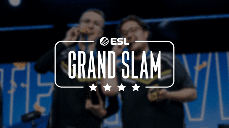 Logo de l'ESL Grand Slam avec Ropz et Zywoo en fond tenant leur lingot d'or.