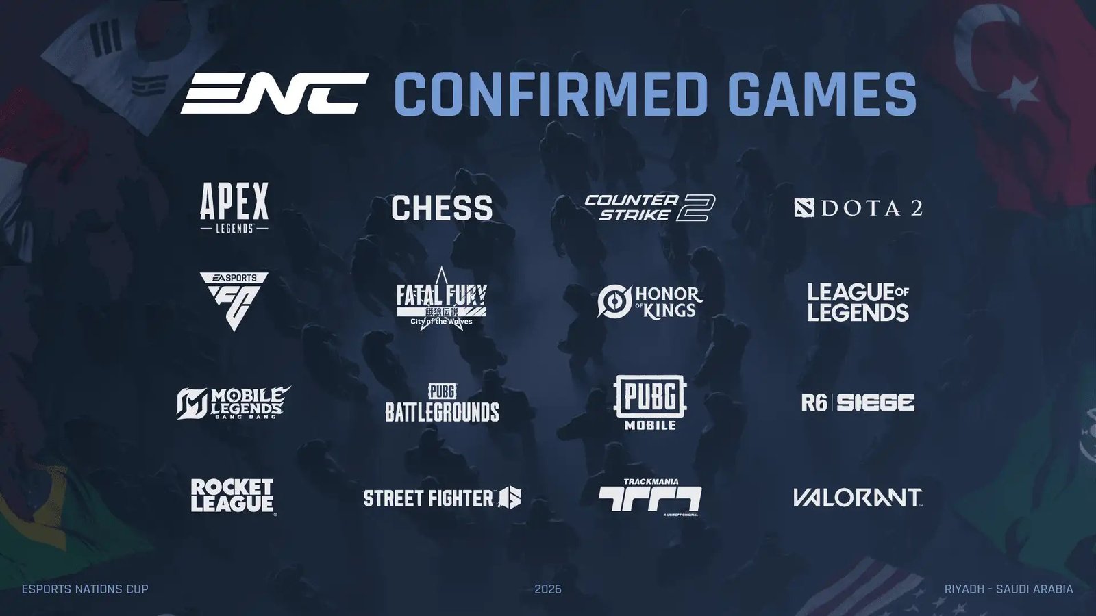 Les 16 jeux sélectionnés pour l'Esports Nations Cup (ENC). Crédits : Esports Foundation / Esports Nations Cup sur leur site internet.