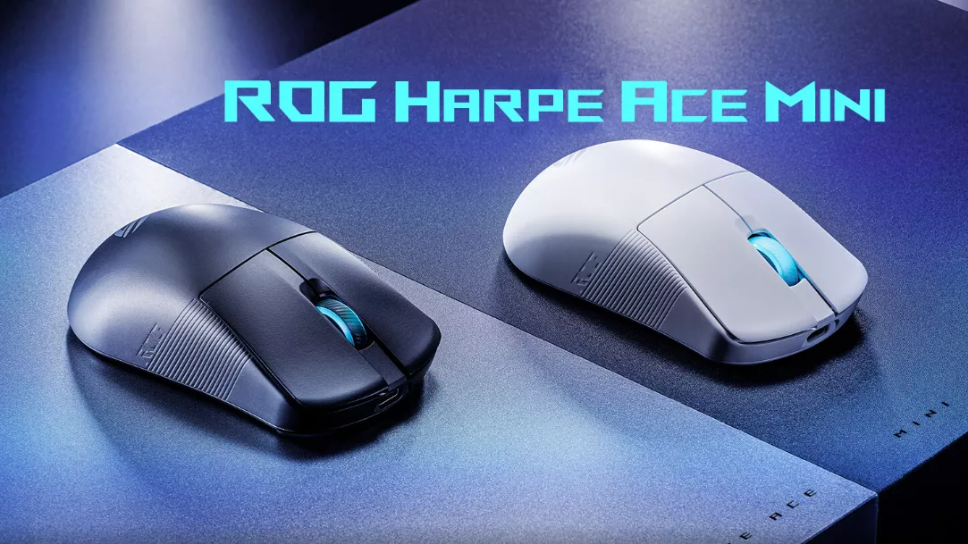 Souris gaming ROG Harpe Ace Mini en versions noire et blanche, design léger et ambidextre pensé pour la performance.