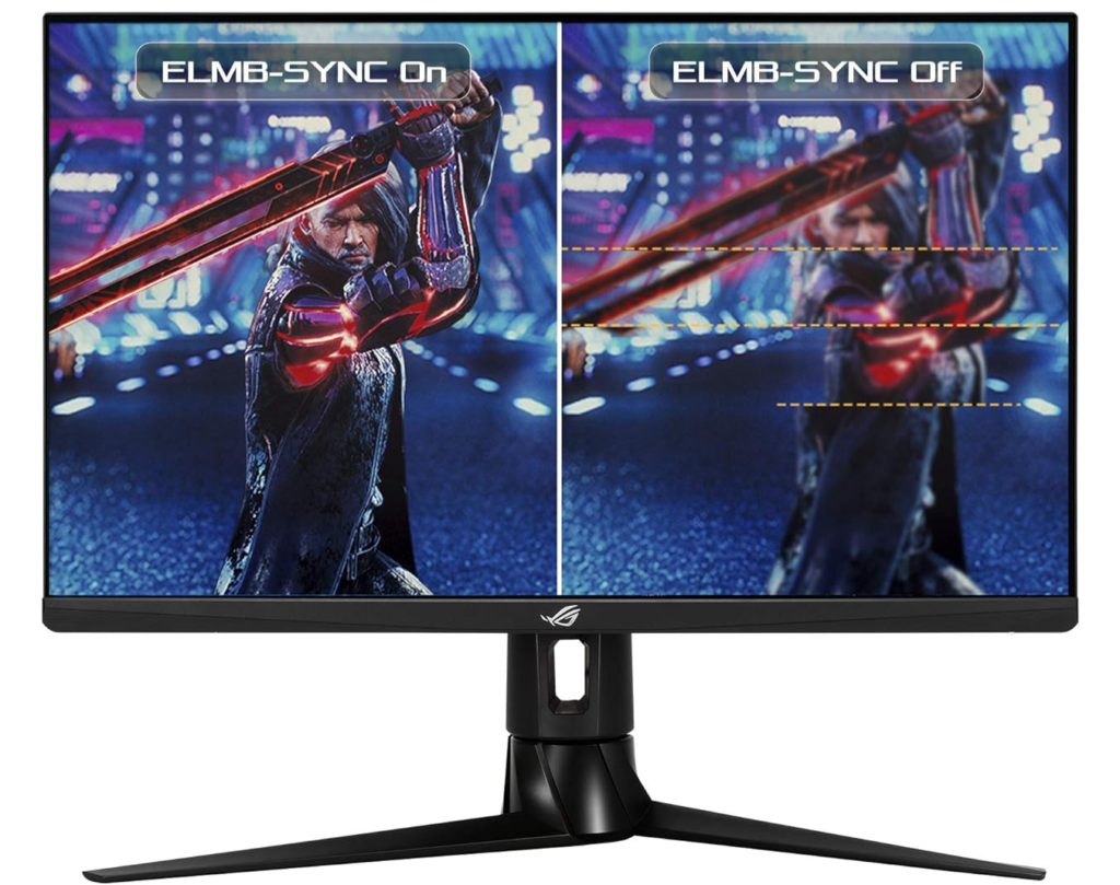 Écran ROG Strix OLED XG27AQDMG affichant la fonction ELMB, réduction du flou en mouvement pour une image plus nette en jeu.