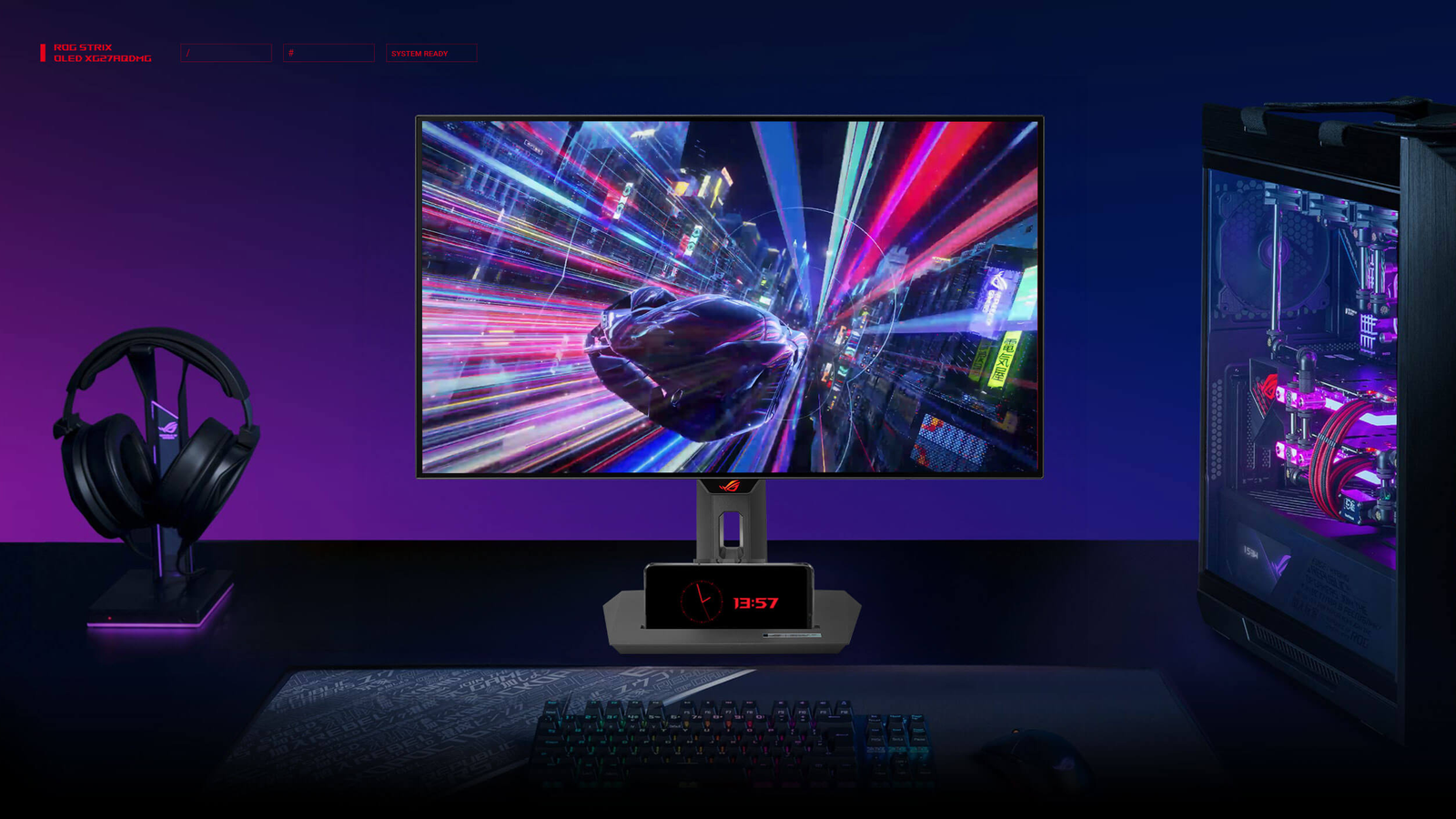 Écran gaming ROG Strix OLED XG27AQDMG, dalle OLED brillante 27 pouces, design fin, image lumineuse et fluide pour joueurs exigeants.