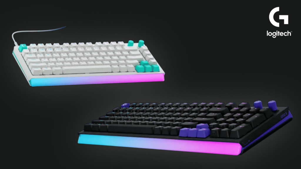 Clavier Logitech G512 X 98 en versions blanche et noire, design minimaliste avec barre lumineuse frontale.