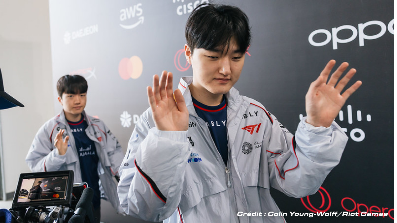 Kim "Peyz" Soo-hwan, ADC de l'équipe T1 en LCK et durant les MSI 2026 avant leur match face à la Karmine Corp. Crédit photo : Colin Young-Wolff/Riot Games