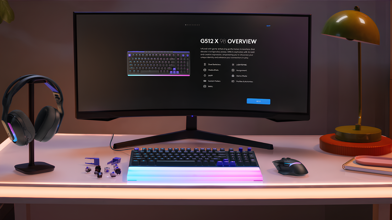 Clavier Logitech G512 X 98 présenté en vue d’ensemble avec son design moderne et sa barre lumineuse frontale.