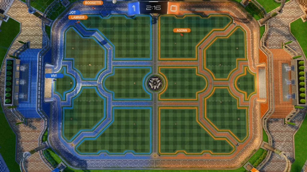 Terrain de Rocket League vue du dessus. Crédits : R/Rocket League