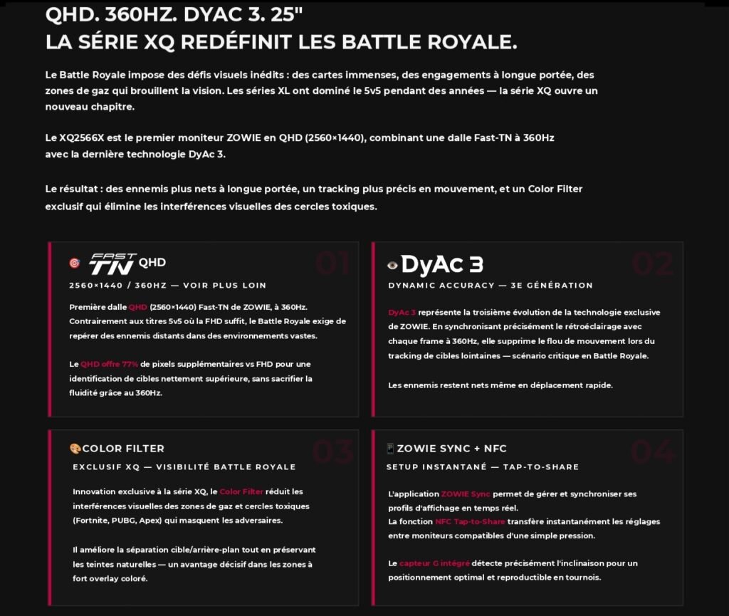 Fiche produit de la série XQ de Zowie, la nouvelle référence des moniteurs esport de la marque.