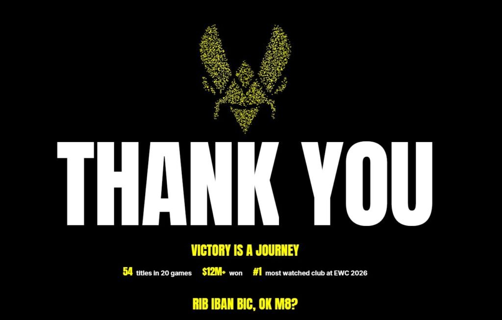 RIB IBAN BIC, OK M8 ? Message affiché sur le site officiel de Team Vitality. Buyout Zen sur Rocket League.