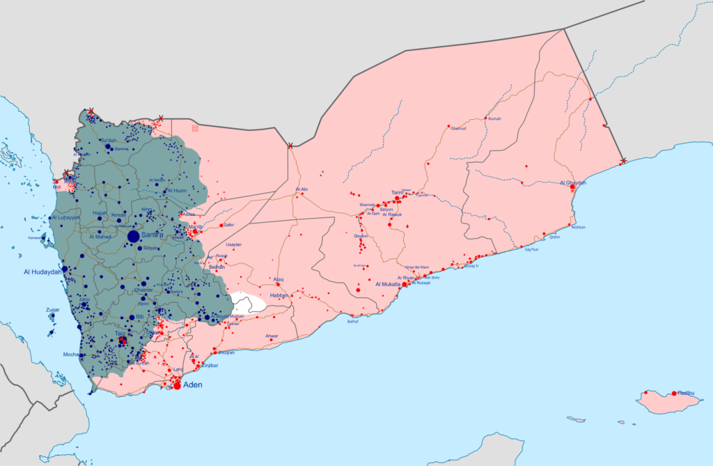 Carte représentant la guerre civile actuellement au Yemen. Guerre qui a causé l'annulation de la FIFAe World Cup prévue en Arabie saoudite en octobre 2026. Crédits : 